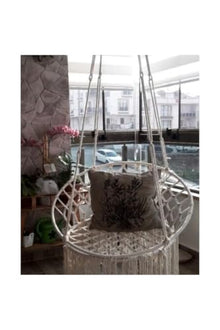 Handmade Macrame Swing Chair 59.1 in Height Ecru Cotton Rope, Indoor/Outdoor Use, Single Person Capacity, Modern Style with Steel Anchor for Garden and Balcony
