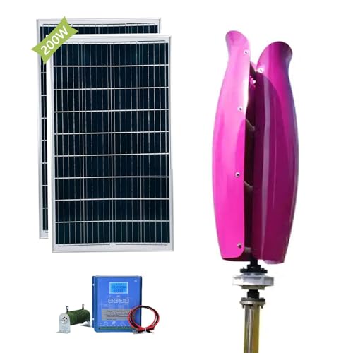 3KW Wind Turbine Generator Kit 12V 24V 48V Free Energy Windmill Vertical Axis Wind Turbine + 2 *100W Photovoltaic Panels Breeze Start Wind And Solar Hybrid Power Generation System(Purple,24V)