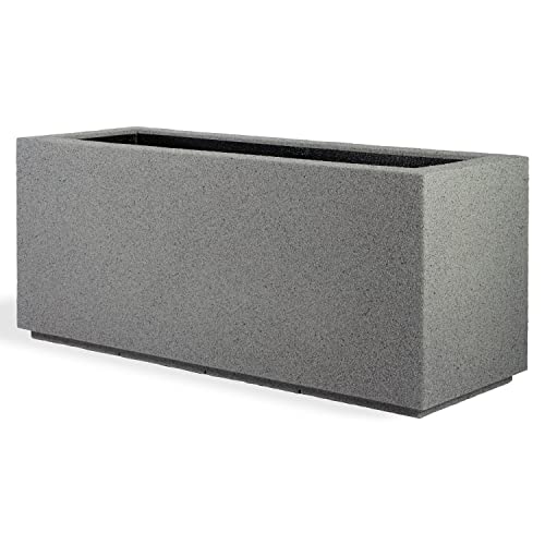 PolyStone Milan Modern Outdoor/Indoor Rectangular Trough Planter - 46" x 17" x 19" H - Lightweight Weather Resistant Stone-Look Resin Planter - Commercial & Residential - Gray Granite
