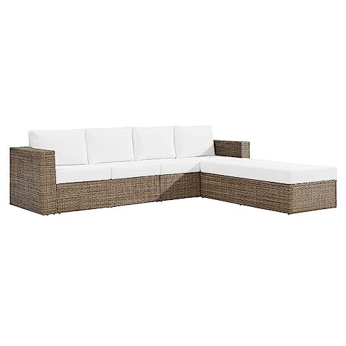 Modway Convene Wicker Rattan Outdoor Patio Sectional Sofa and Ottoman Set Cappuccino White