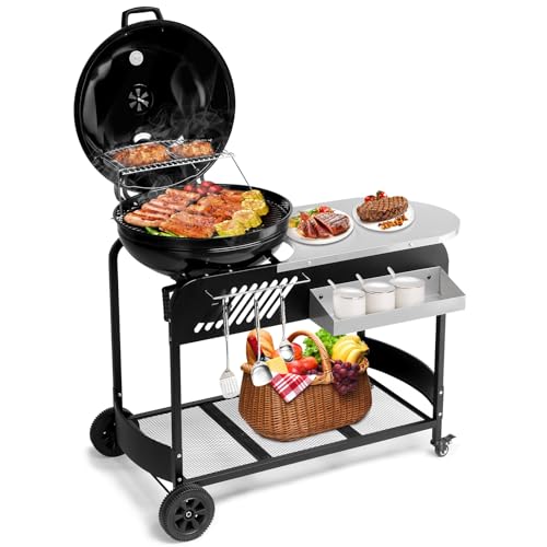 Portable Charcoal Grill with Cart Slide-Out Ash Catcher 21'' BBQ Grill with Porcelain Enamel Lid Thermometer and Wheels Small Charcoal Grills for Outdoor Backyard Camping Iron Black