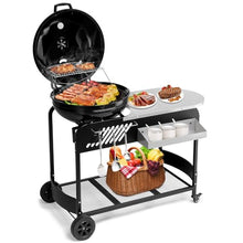 Portable Charcoal Grill with Cart Slide-Out Ash Catcher 21'' BBQ Grill with Porcelain Enamel Lid Thermometer and Wheels Small Charcoal Grills for Outdoor Backyard Camping Iron Black