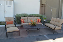 Santa Anita Outdoor Patio 6pc Seating Group Dark Bronze Cast Aluminum Premium Fabric Sunbrla Linen Sesame Cushions