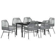 Grey 7-Piece Outdoor Dining Set with Cushions, Poly Rattan Patio Furniture Set with Tempered Glass Table for Garden, Backyard, Poolside, Includes 6 Chairs, Weather-Resistant Durable for Entertaining