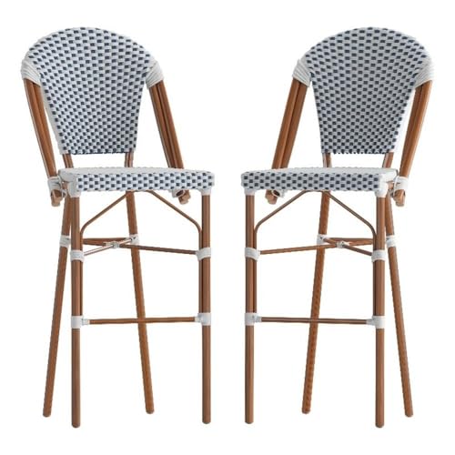 Pemberly Row Modern 30.25" Rattan Bar Stools, White/Navy, Set of 2, Fade Resistant PE Rattan with Bamboo Print Metal Frames, Indoor/Outdoor Bistro Stools, Commercial Grade Seating for Patio or Bar Use