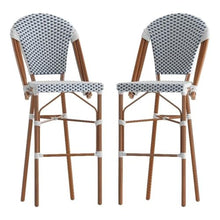 Pemberly Row Modern 30.25" Rattan Bar Stools, White/Navy, Set of 2, Fade Resistant PE Rattan with Bamboo Print Metal Frames, Indoor/Outdoor Bistro Stools, Commercial Grade Seating for Patio or Bar Use