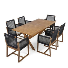 Christopher Knight Home Rame 7 Piece Acacia Wood Outdoor Dining Table Set for 6, Extendable Dining Table and 6 Chairs with Cushion & Rope Accent, Wooden Outdoor Patio Furniture Set, Teak + Black