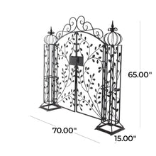 Deco 79 Metal Indoor Outdoor Scrollwork Arched Gate Garden Arbor with Vines and Latch Lock Closure, 70" x 15" x 65", Black