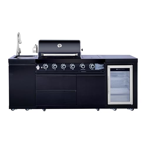 Outdoor Kitchen Island with Built in Grill, 4 Burner 71500 BTU Stainless Steel Gas Barbecue Island, Patio Cooking Station with Refrigerator & Sink, Built In Grill Island for Backyard (Black)
