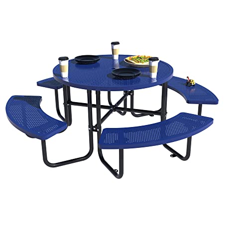 akucvor 46'' Blue Round Metal Picnic Table with Umbrella Hole, Steel Picnic Tables, Heavy Duty Sturdy Commercial Picnic Tables for Outdoor Garden Courtyard BBQ