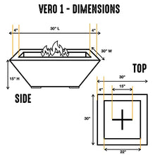 30" Premium “VERO Concrete Fire Bowl - Heavy Cement Natural Gas Fire Pit - Modern Square Outdoor Fire Table with Key Valve GFRC (30” L x 30” W x 15” H) (Grey)