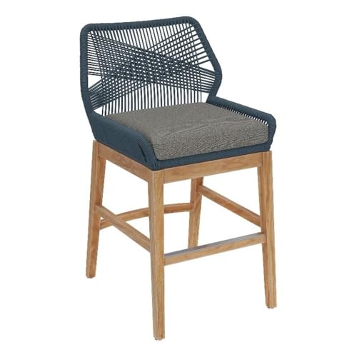 Modway Wellspring Outdoor Patio Teak Wood Counter Stool in Blue Graphite - 24 Inch Patio Counter Height Stool with Cushion, Woven Seat and Teak Wood Legs