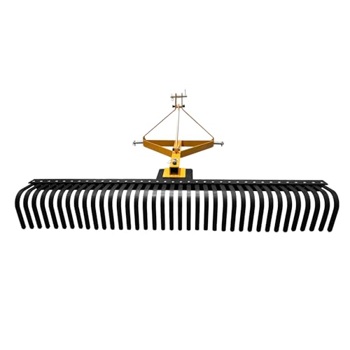 ActiveTrail 6 FT Landscape Rake for Tractors,3 Point Rake for Tractor Rock Rake with 37 Steel Tines and 360 Degree Rotation, Suitable for Category 1 and 2 Tractor,Yellow