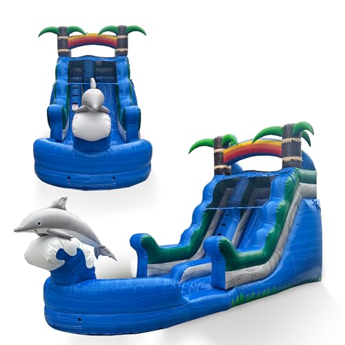 Dolphin Inflatable Water Slide for Kids and Adults with Splash Pool and Sprinkler, Commercial Grade Backyard Water Park with Safety Net and No-Jump Top, 25ft x 9ft x 14ft – with Blower