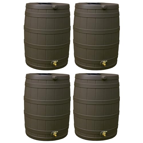 Good Ideas Rain Wizard 40 Gallon Plastic Rain Water Collection Barrel Drum with Brass Spigot, Oak (4 Pack)