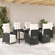 LPERTGFHU 7 Piece Garden Dining Set, Black Poly Rattan Patio Furniture with Adjustable Footrests, 6 Chairs and Tempered Glass Table for Backyard Outdoor Seating