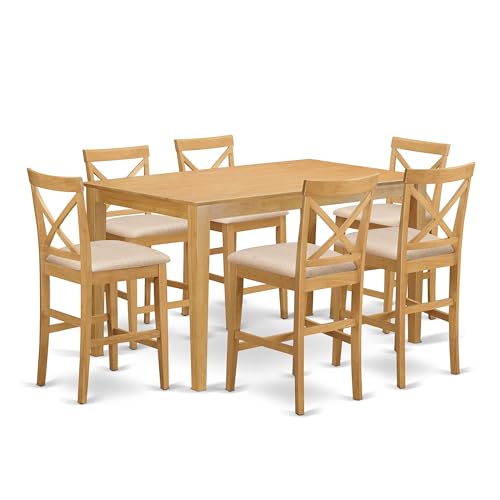 East West Furniture CAPB7H-OAK-C 7 Piece Counter Height Pub Set Consist of a Rectangle Dining Table and 6 Linen Fabric Dining Room Chairs, 36x60 Inch, Oak