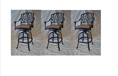Elizabeth Outdoor Patio 3 Swivel Barstools 30" H Dark Bronze, Cast Aluminum (Walnut Cushions)