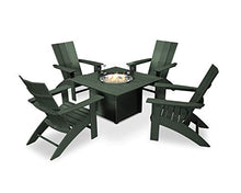 Polywood Modern Curveback Adirondack Chair 5-Piece Conversation Set with Fire Pit Table Green
