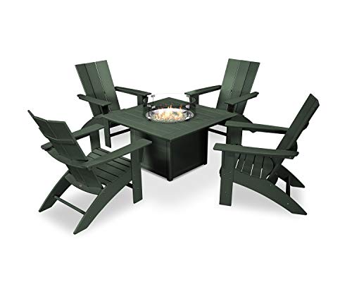 Polywood Modern Curveback Adirondack Chair 5-Piece Conversation Set with Fire Pit Table Green