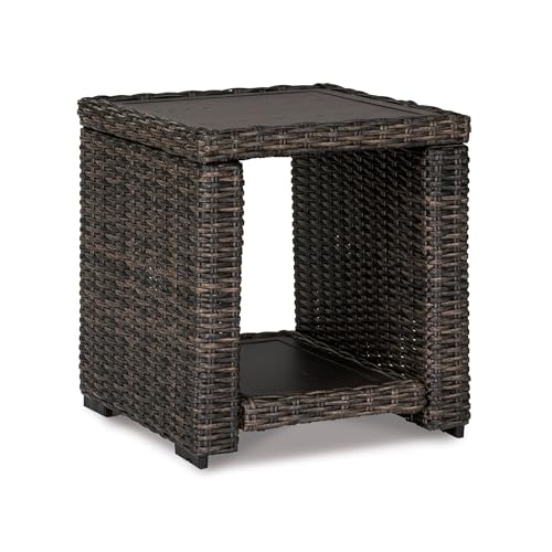 BOWERY HILL Square Patio End Table, 22.25 in H x 19.75 in W x 20 in D, All-Weather Resin Wicker with Rust-Proof Aluminum Frame, Brown Finish, Outdoor Table for Patio or Garden Use