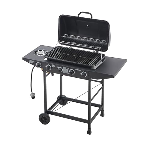 4 Burner Propane Gas Grill with Side Burner, 42000 BTU, Enamel-Coated Grates, Side Tables for Outdoor Cooking