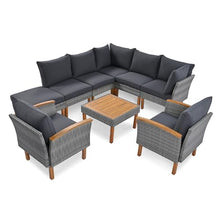 Merax Outdoor Patio Furniture Sets, Free Combination Rattan Sofa with Wood Tabletop, 9-piece, Grey