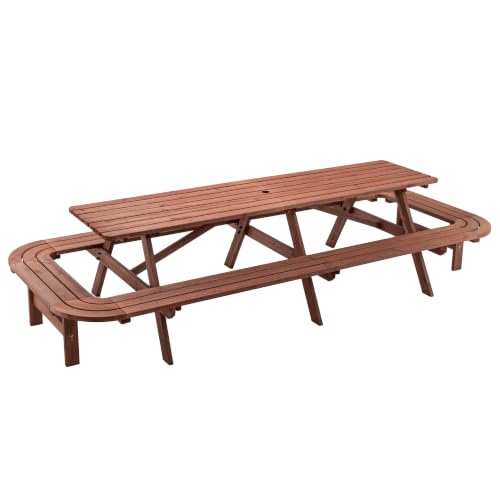 NoeBanJe 14-16 Person Solid Fir Wood Picnic Table with Attached Benches, Weather Resistant Outdoor Rectangular Picnic Table with Umbrella Hole, Heavy Duty Patio Backyard Dining Table