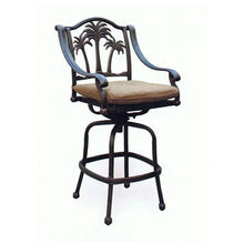 Palm Tree Outdoor Patio 3pc Set Pedestal Bar Table 30" Dark Bronze Cast Aluminum, Walnut Cushions