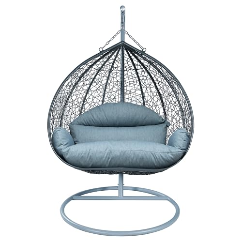 LeisureMod Hanging Egg Chair with Stand, Outdoor Swing Chair with Charcoal Blue Cushion, Durable Grey Frame Hammock Chair for Patio, Garden, Balcony