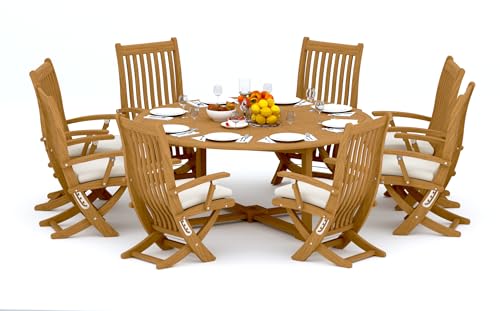 WholesaleTeak 7 Seats 8 Pcs Grade-A Teak Wood Dining Set: 72" Round Table and 7 Warwick Reclining Arm Chairs #11Wa1707