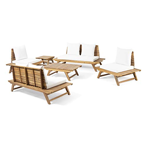 GDFStudio Outdoor Acacia Wood 6 Seater Chair Set with Side Table and Coffee Table, and White