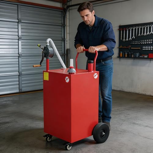 ActiveTrail 40 Gallon Portable Fuel Caddy with Reversible Rotary Siphon Pump – Gasoline/Fuel Transfer Storage Tank – Flat-Free Solidified Rubber Wheels – Ideal for Cars, Boats, Lawn Mowers, ATVs – Red
