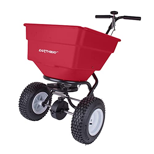 EarthWay 2170 Commercial 100 LB Broadcast Fertilizer Spreader. Red, Heavy-Duty Walk-Behind Push Garden Seeder with Adjustable Drop Rate and Driving Handle. Large 13 inch Pneumatic Stud Tires