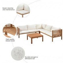 Merax Outdoor L Shaped Sofa with Coffee Table & Armrest & Beige Cushions, Strong Wood Structure Exotic Patio Furniture Set Water-Resistant, for Garden Balcony Poolside (Beige)