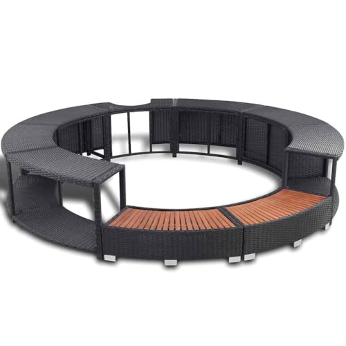 KGFHERENB Black Poly Rattan Hot Tub Surround, 111.4 Inch Wicker Spa Surround with Built-in Storage and Power Pack Cutout, Steel and Eucalyptus Wood Frame for Outdoor Round Tub