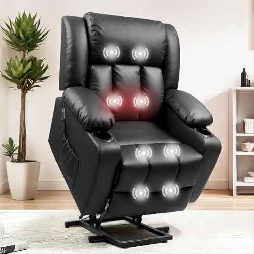 UOPYNE Oversized Power Lift Recliner Chair for Elderly, Electric Recliner Sofa with Heat and Massage, Living Room Comfort Leather Recliner Chair with Cup Holders, Side Pocket