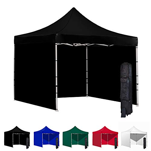 Vispronet 10x10 Pop Up Canopy Tent and 3 Side Walls – Commercial Grade Steel Frame with Water-Resistant Canopy Top and Sidewalls – Wheeled Canopy Bag and Stake Kit Included (Black)