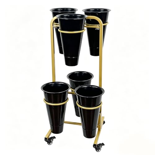 2 Layer Rolling Plant Stand Cart With 6 Plastic Buckets, Metal Shelf Cut