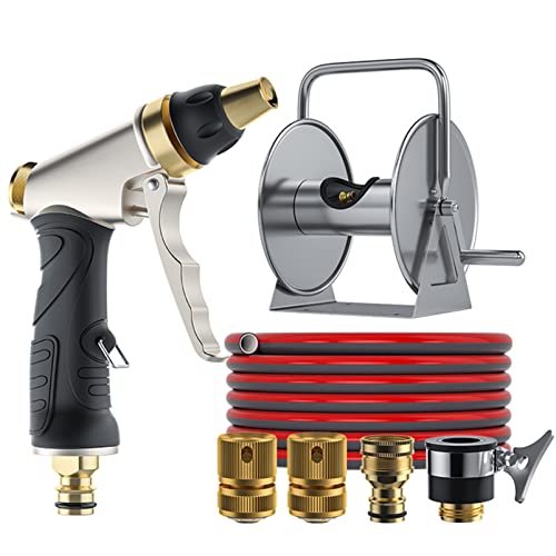 Garden Wall/Floor Mount Hose Reel 1/2" Water Pipe, Retractable Hose Reel Hanger Manual Swivel Bracket, Stainless Steel Garden Hose Storage Holder with Water Pipe and Nozzle, Hose Reel Butler Stand