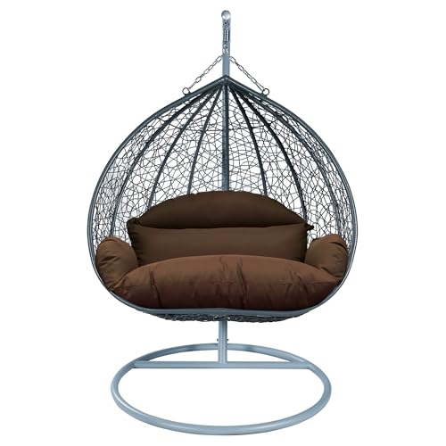 LeisureMod Hanging Egg Chair with Stand for Indoor Outdoor Wicker Patio Swing Chair Open Weave Basket Design with Cushion Metal Frame for Patio Garden Balcony (Grey Frame Brown Cushion)