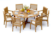 TeakFurnitureOutlet A-Grade Teak 9pc Dining 72" Round Table 8 Sack Arm Chairs Set Outdoor Patio