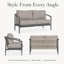 Golden Flame Outdoor Loveseat, 2-Seat Patio Sofa with Powder-Coated Aluminum Frame, Olefin Rope Back, Sunbrella Cushions - Slate Finish Frame, Canvas Natural Fabric