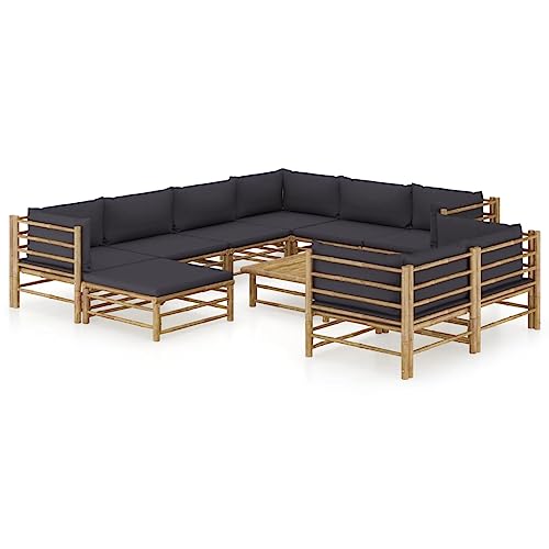 Kaorsrow 10-Piece Dark Grey Bamboo Patio Furniture Set Modular Outdoor Lounge for Balcony Backyard Garden 27.6 x 25.6 x 11.8 in Plush Cushions Natural Finish for Modern Outdoor Spaces