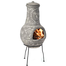 Outdoor Clay Chiminea Fireplace Sun Design Wood Burning Fire Pit with Sturdy Metal Stand, Barbecue, Cocktail Party, Cozy Nights Fire Pit, Gray