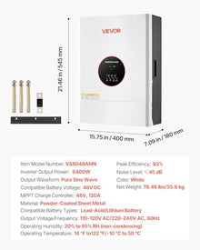 VEVOR 6400W 48V Hybrid Solar Inverter, 120V/240V Split Phase, Built-in 120A MPPT Solar Charge Controller, Low Frequency Pure Sine Wave Power Inverter, for Lead Acid Lithium Battery Off-Grid, NO WiFi
