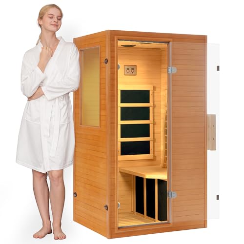 Real Relax Infrared Home Sauna, 1 Person Far Infrared Saunas for Home, Canadian Hemlock Wooden Indoor Sauna Room with LCD Control Panel, Bluetooth Speakers