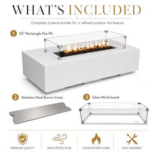 Golden Flame 55-Inch Rectangle Propane Fire Pit Table Bundle with Glass Wind Guard & Stainless Steel Burner Cover – Hidden Tank Outdoor Gas Fire Table, GFRC Concrete Fire Pit, 65,000 BTU - White