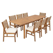 Christopher Knight Home Mave Acacia Wood Dining Table Set for 8, 9 Piece Patio Extendable Dining Table & Armless Chairs Set Of 8 with Cushion & Wicker Back, Patio Furniture Set, Cream+Light Brown+Teak