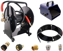Scheiffer Sewer Jetting Kit - Foot Control Valve Hose Reel 1/8" x 100' Sewer Jetting Hose Button Nose and Rotating Nozzles